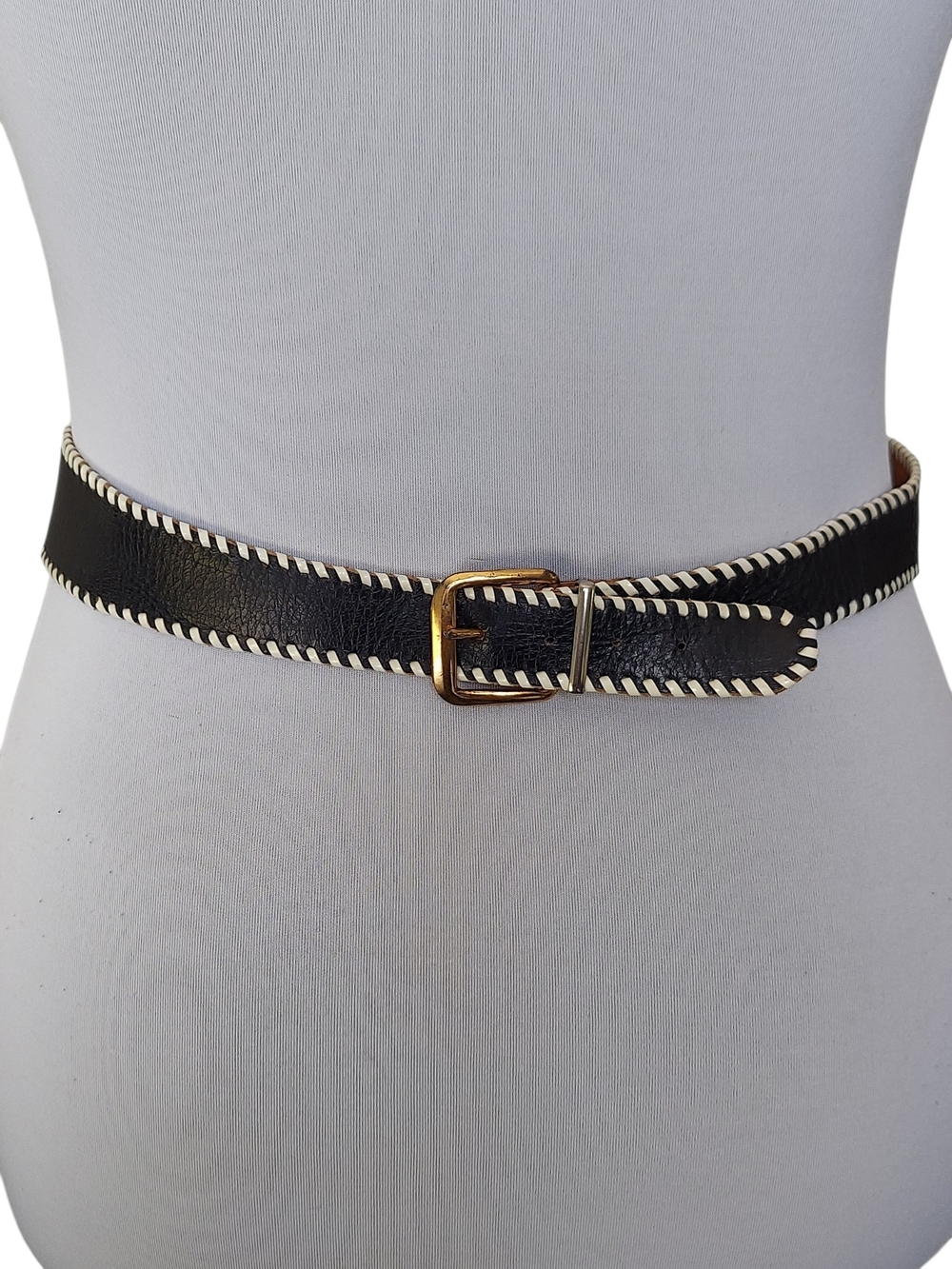 Vintage Navy Blue Leather White Whipstitch Double Buckle Belt Coastal S/M - Picture 5 of 13
